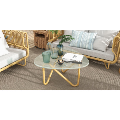 HMR - 4-Pieces Rattan Outdoor Sofa Set with Glass Top Coffee Table and Cushions in Yellow