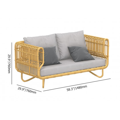 HMR - 4-Pieces Rattan Outdoor Sofa Set with Glass Top Coffee Table and Cushions in Yellow