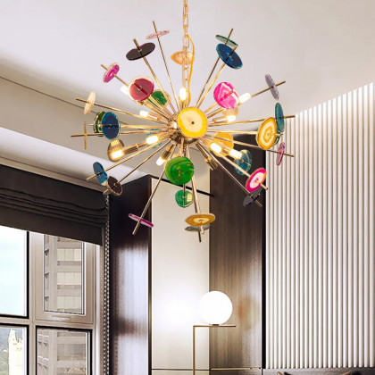 HMR - Art Deco 12-Light Sputnik Agate Chandelier with Adjustable Chain in Rose Gold