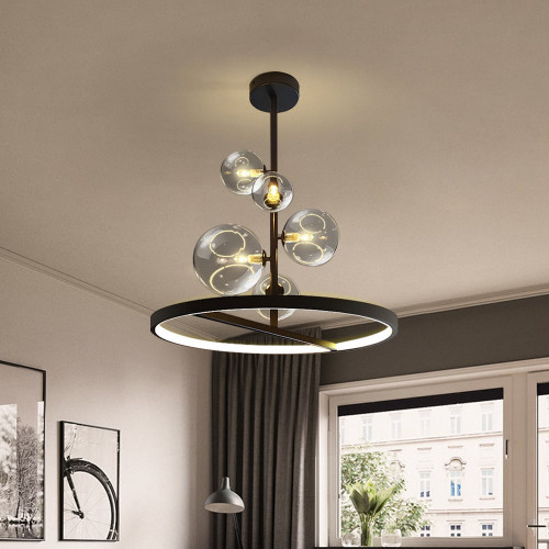 HMR Bubi Black Glass Globe 5-Light Chandelier Modern for Living Room and Dining Room - 18.9"