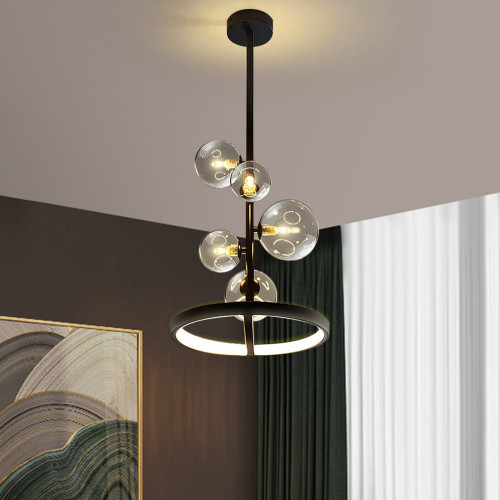 HMR Bubi Black Glass Globe 5-Light Chandelier Modern for Living Room and Dining Room - 11"