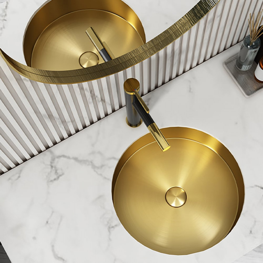 HMR - Brushed Gold Modern Luxury Stainless Steel Round Sink Undermount Bathroom Wash Sink