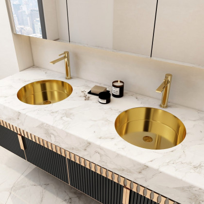 HMR - Brushed Gold Modern Luxury Stainless Steel Round Sink Undermount Bathroom Wash Sink