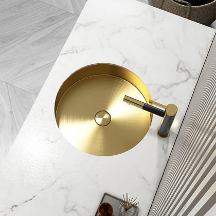 HMR - Brushed Gold Modern Luxury Stainless Steel Round Sink Undermount Bathroom Wash Sink