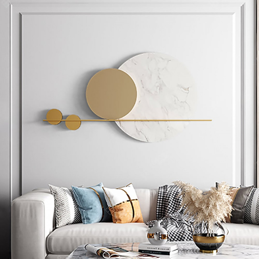HMR - 47.2" Modern Geometric Wall Decor Round Metal Wall Art in Gold & White for Living Room