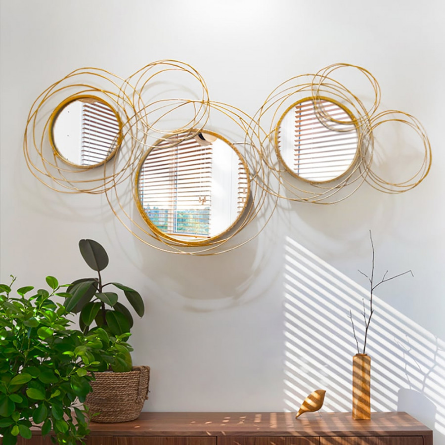 HMR Modern Luxury Gold Round Wall Mirror Creative 3D Overlapping Metal Décor - 6 Rings