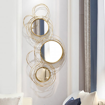 HMR Modern Luxury Gold Round Wall Mirror Creative 3D Overlapping Metal Décor - 6 Rings
