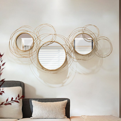 HMR Modern Luxury Gold Round Wall Mirror Creative 3D Overlapping Metal Décor - 6 Rings