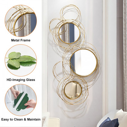 HMR Modern Luxury Gold Round Wall Mirror Creative 3D Overlapping Metal Décor - 6 Rings