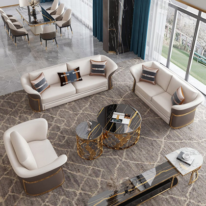 HMR - Modern Faux Leather Living Room Sofa Set in Brown & White Set of 3