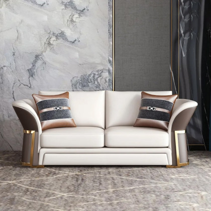 HMR - Modern Faux Leather Living Room Sofa Set in Brown & White Set of 3
