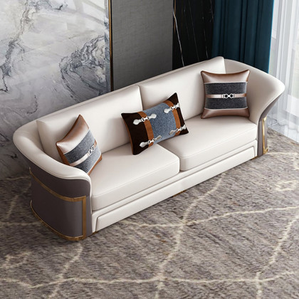 HMR - Modern Faux Leather Living Room Sofa Set in Brown & White Set of 3