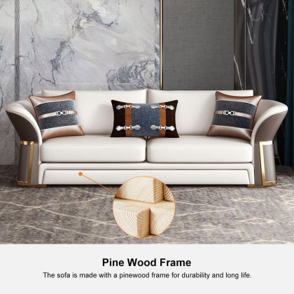 HMR - Modern Faux Leather Living Room Sofa Set in Brown & White Set of 3