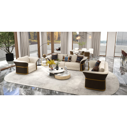 HMR - Modern Faux Leather Living Room Sofa Set in Brown & White Set of 3