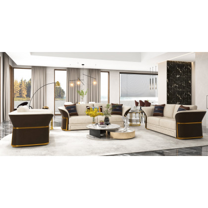 HMR - Modern Faux Leather Living Room Sofa Set in Brown & White Set of 3