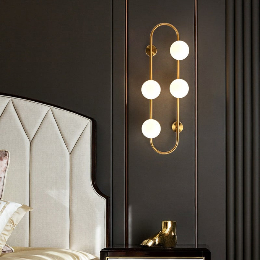 HMR - Globe Wall Sconce White Glass 4-Light Wall Lighting Gold Oblong Hanging Rod
