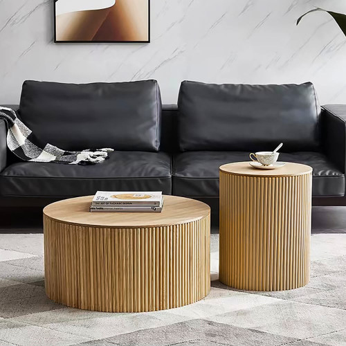 HMR Round Wood Coffee Table with Storage - Natural, Set of 2