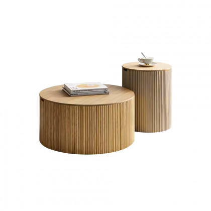 HMR Round Wood Coffee Table with Storage - Natural, Set of 2