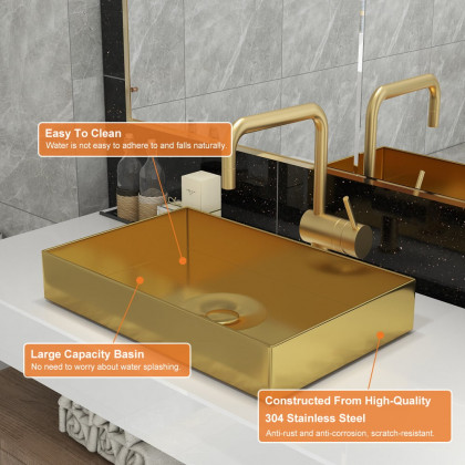 HMR Contemporary Rectangular Stainless Steel Vessel Sink Luxury Wash Sink - Gold, 21.65"