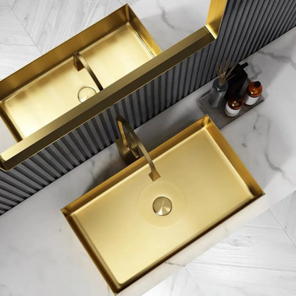 HMR Contemporary Rectangular Stainless Steel Vessel Sink Luxury Wash Sink - Gold, 21.65"