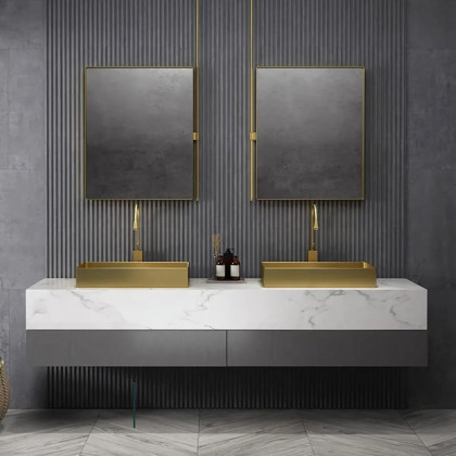 HMR Contemporary Rectangular Stainless Steel Vessel Sink Luxury Wash Sink - Gold, 21.65"