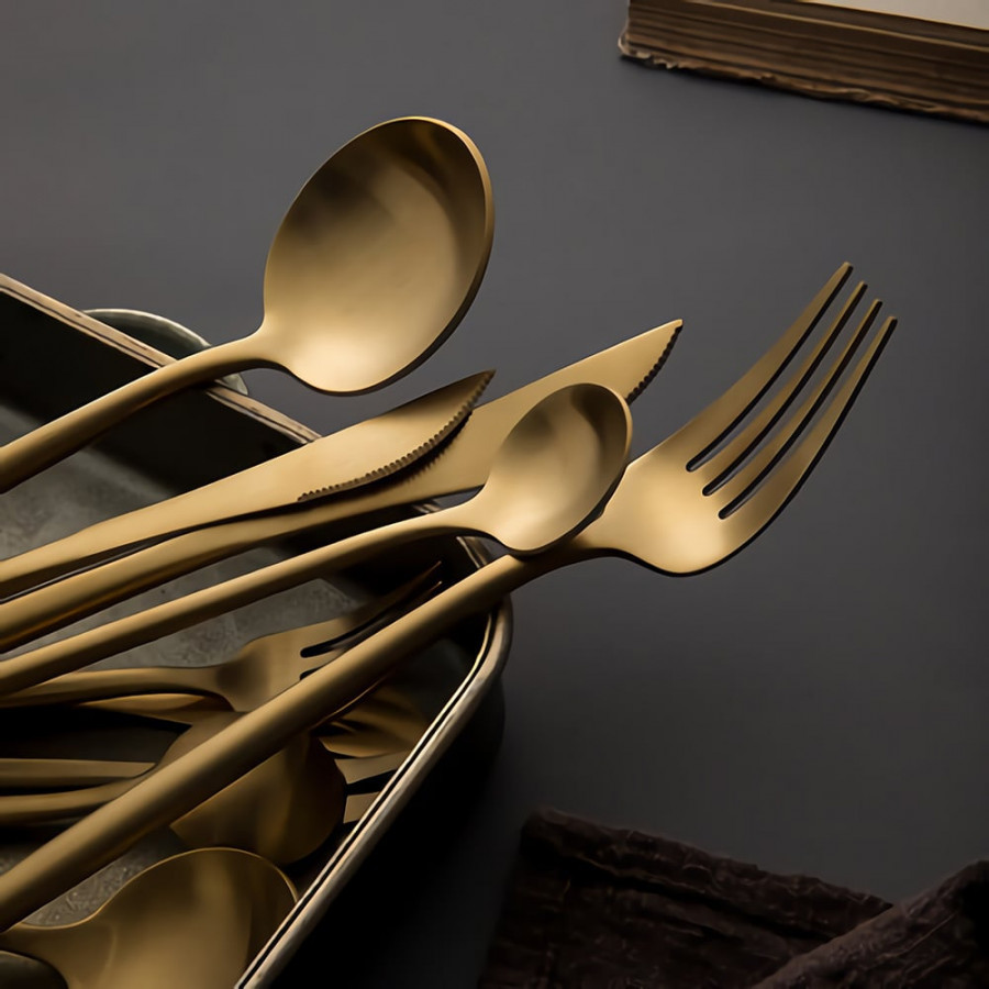 HMR - 60-Pieces Stainless Steel Flatware Set in Brushed Gold, Service for 12