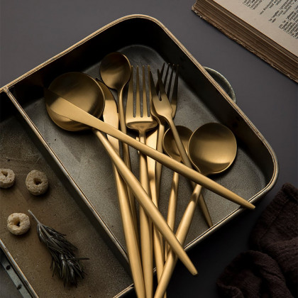 HMR - 60-Pieces Stainless Steel Flatware Set in Brushed Gold, Service for 12