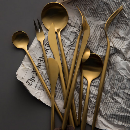 HMR - 60-Pieces Stainless Steel Flatware Set in Brushed Gold, Service for 12