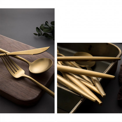HMR - 60-Pieces Stainless Steel Flatware Set in Brushed Gold, Service for 12