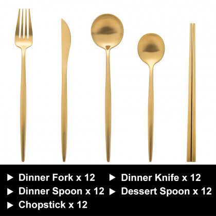 HMR - 60-Pieces Stainless Steel Flatware Set in Brushed Gold, Service for 12