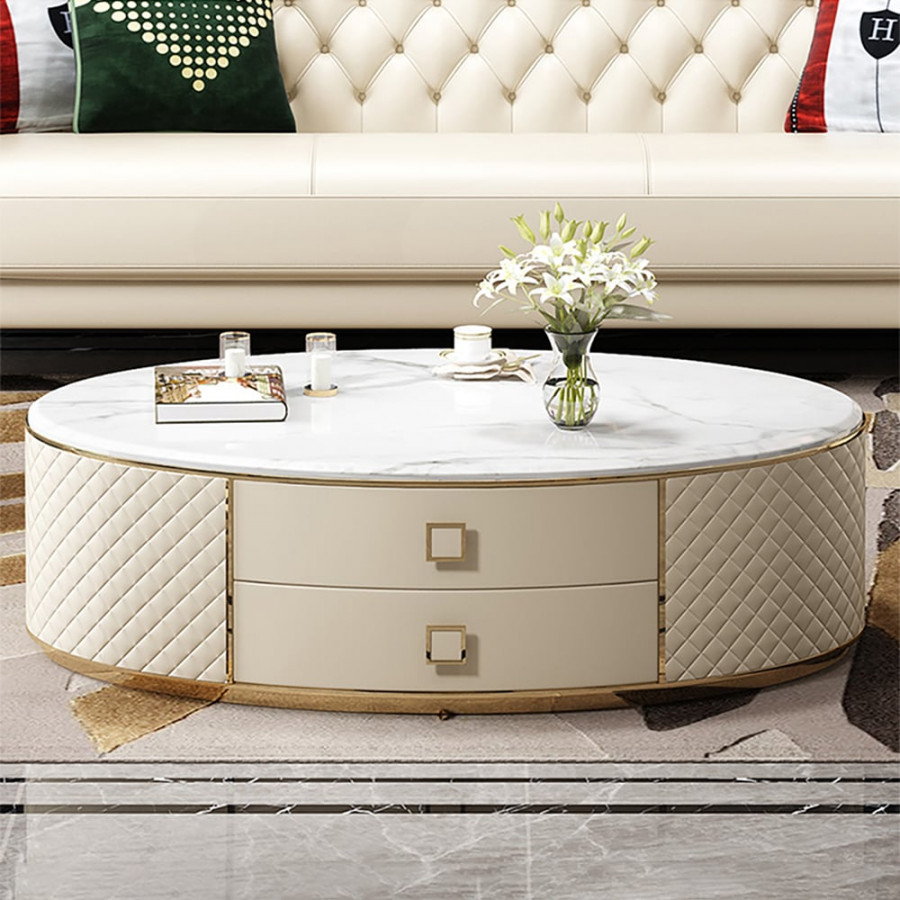 HMR - Modern White Oval Sintered Stone Top Coffee Table Microfiber Leather with 2 Drawers