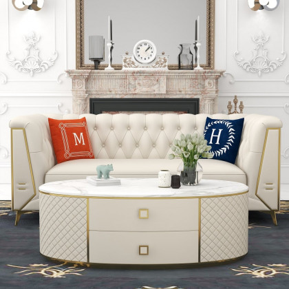HMR - Modern White Oval Sintered Stone Top Coffee Table Microfiber Leather with 2 Drawers