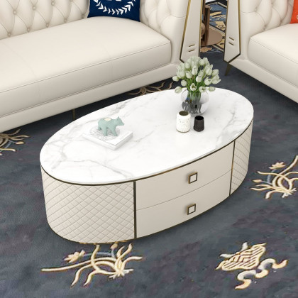 HMR - Modern White Oval Sintered Stone Top Coffee Table Microfiber Leather with 2 Drawers
