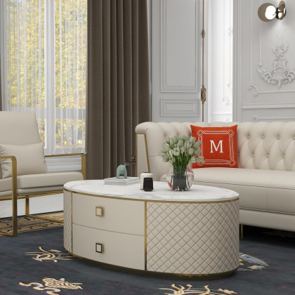 HMR - Modern White Oval Sintered Stone Top Coffee Table Microfiber Leather with 2 Drawers