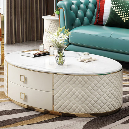 HMR - Modern White Oval Sintered Stone Top Coffee Table Microfiber Leather with 2 Drawers