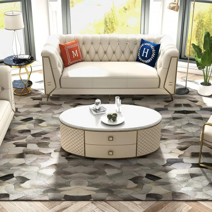 HMR - Modern White Oval Sintered Stone Top Coffee Table Microfiber Leather with 2 Drawers