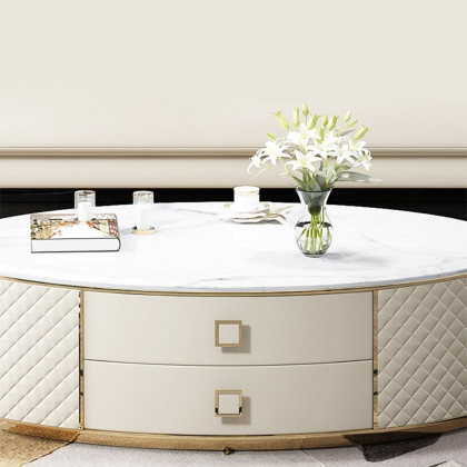 HMR - Modern White Oval Sintered Stone Top Coffee Table Microfiber Leather with 2 Drawers