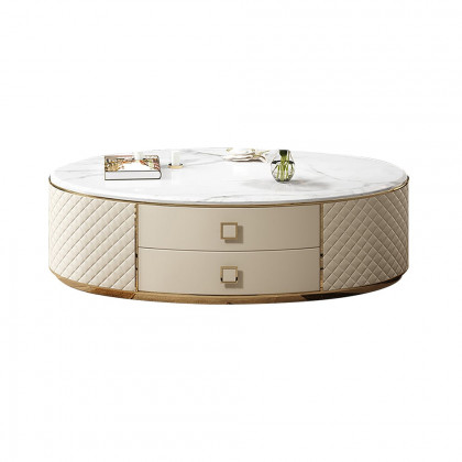HMR - Modern White Oval Sintered Stone Top Coffee Table Microfiber Leather with 2 Drawers
