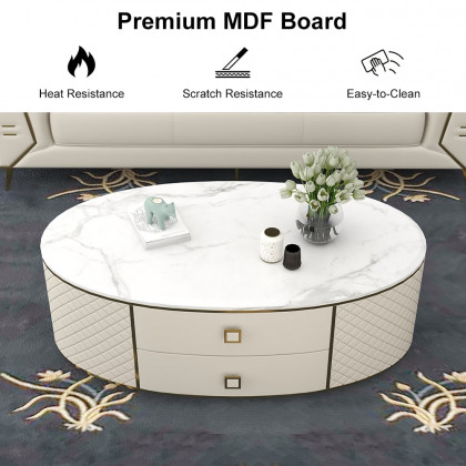 HMR - Modern White Oval Sintered Stone Top Coffee Table Microfiber Leather with 2 Drawers