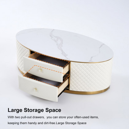 HMR - Modern White Oval Sintered Stone Top Coffee Table Microfiber Leather with 2 Drawers