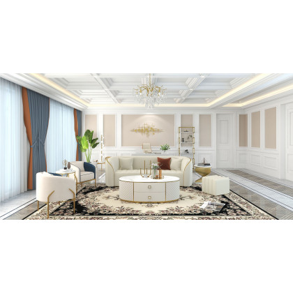 HMR - Modern White Oval Sintered Stone Top Coffee Table Microfiber Leather with 2 Drawers