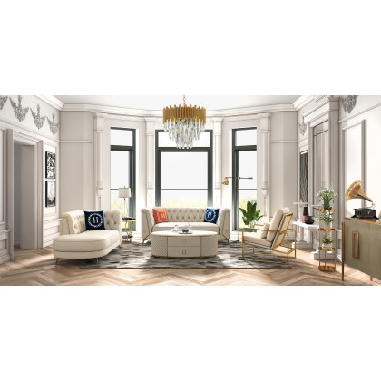 HMR - Modern White Oval Sintered Stone Top Coffee Table Microfiber Leather with 2 Drawers
