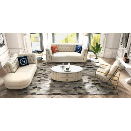 HMR - Modern White Oval Sintered Stone Top Coffee Table Microfiber Leather with 2 Drawers