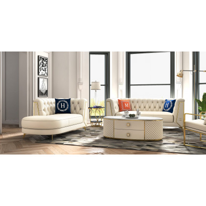 HMR - Modern White Oval Sintered Stone Top Coffee Table Microfiber Leather with 2 Drawers