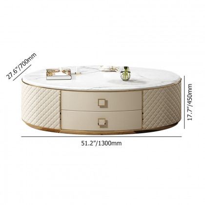 HMR - Modern White Oval Sintered Stone Top Coffee Table Microfiber Leather with 2 Drawers
