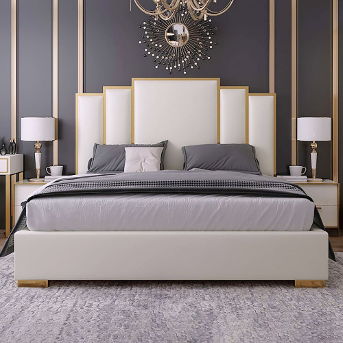HMR Modern Faux Leather Upholstered Bed with Geometric Headboard Included - White, Queen Size
