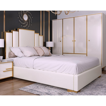 HMR - Modern Faux Leather Upholstered Bed with Geometric Headboard Included