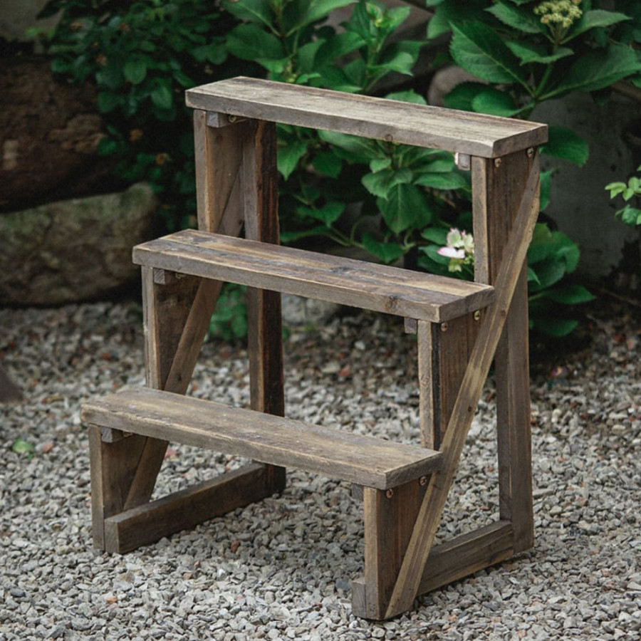 HMR - Wooden 3-Tier Plant Pots Stand for Outdoor in Distressed Brown
