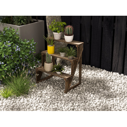 HMR - Wooden 3-Tier Plant Pots Stand for Outdoor in Distressed Brown