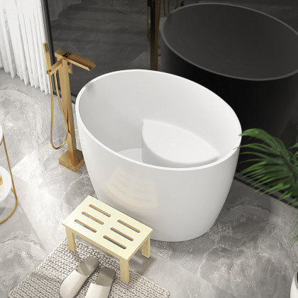 HMR - 39.37" Modern Deep Oval Freestanding Stone Resin Soaking Bathtub White